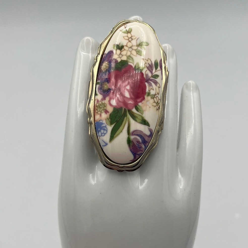 Vintage Japan Porcelain Floral Lipstick Mirror Ring Gold Adjustable Sz 7.5